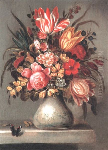 Still Life Of Tulips, Roses And Other Flowers In A Delft Case Oil Painting by Abraham Bosschaert