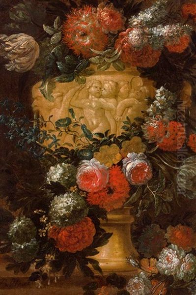 Prachtvolles Blumenstilleben Mit Steinerner Parkvase; Reliefdekor Mit Tanzenden Putten Und Maskaron Oil Painting by Jan-Baptiste Bosschaert