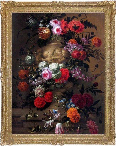 Flowers In A Terracota Vase On A Stone Ledge Oil Painting by Jan-Baptiste Bosschaert