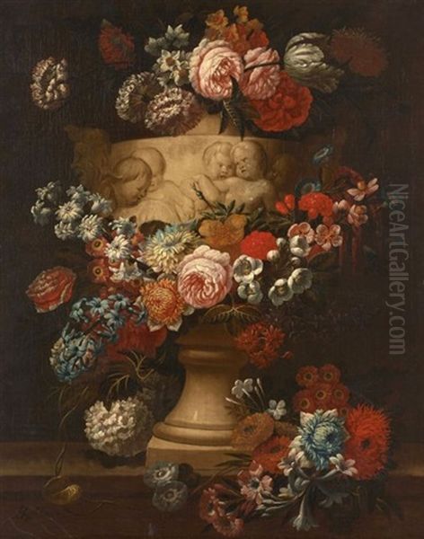 Guirlande De Fleurs Enroulee Autour D'un Vase D'albatre A Motifs De Putti Oil Painting by Jan-Baptiste Bosschaert