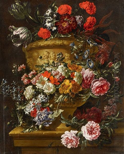 Pair Of Still Lifes With Flowers In Stone Vases Oil Painting by Jan-Baptiste Bosschaert