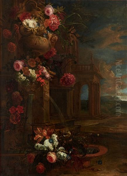 Bouquet De Fleurs Au Perroquet Bouquet De Fleurs A La Fontaine (pair) Oil Painting by Jan-Baptiste Bosschaert