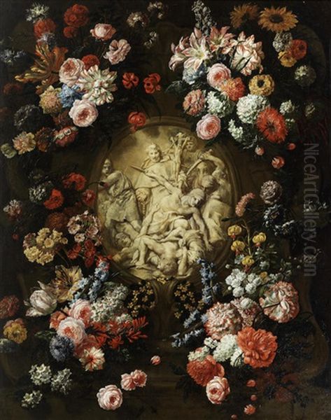 A Garland Of Flowers Surrounding A Medallion Enclosing An Early Christian Motif Oil Painting by Jan-Baptiste Bosschaert