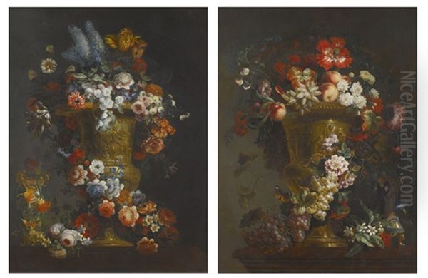 Still Life With Grapes, Peaches And Flowers In A Large Gilt Bronze 'krater' Vase After The Antique, Upon A Ledge; Still Life With Blue Butterfly Bush, Tiger Tulips And Other Flowers In A Large Gilt Bronze 'krater' Vase After The Antique, Upon A Ledge (pai Oil Painting by Jan-Baptiste Bosschaert