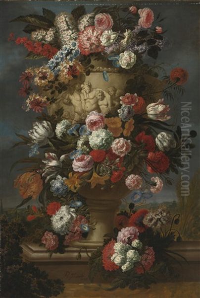 Flowers In A Sculpted Urn In A Landscape Oil Painting by Jan-Baptiste Bosschaert