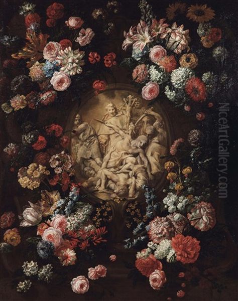 A Sculpted, Stone Medallion With An Early Christian Motif, Surrounded By A Wreath Of Flowers Oil Painting by Jan-Baptiste Bosschaert