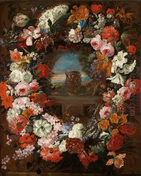 Ein Blumenkranz Um Eine Kartusche Mit Landschaftsausblick Und Einer Vase Auf Einer Balustrade Oil Painting by Jan-Baptiste Bosschaert