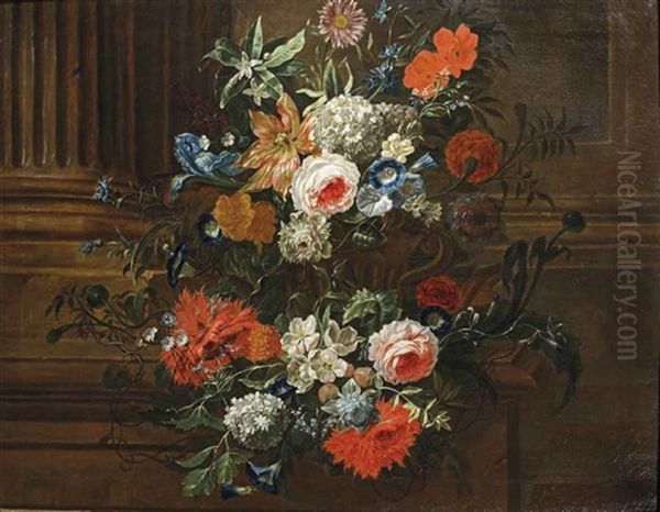 Hydrangeas, A Lily, Peonies, Carnations, A Blue Iris And Other Flowers, All On A Marble Ledge Near A Column Oil Painting by Jan-Baptiste Bosschaert