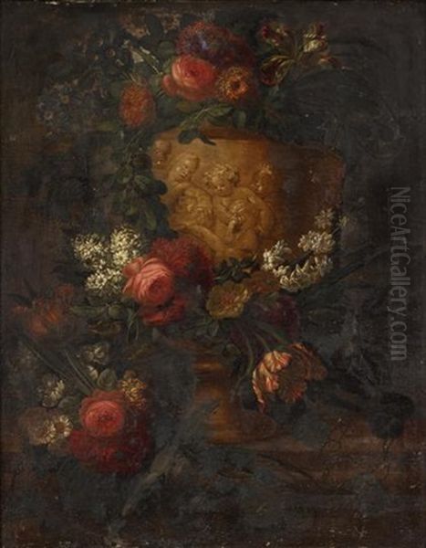 Mixed Flowers In A Sculpted Stone Urn Upon A Ledge Oil Painting by Jan-Baptiste Bosschaert