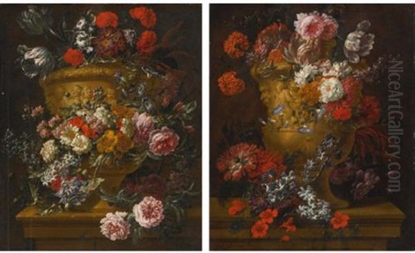 Still Lifes Of Flowers In Sculpted Stone Urns (pair) Oil Painting by Jan-Baptiste Bosschaert