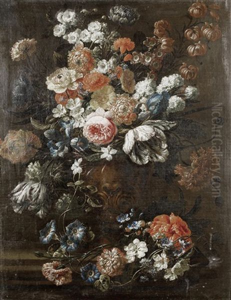 Roses, Tulips, Convolvulus And Other Flowers In A Moulded Bronze Vase On A Stone Ledge Oil Painting by Jan-Baptiste Bosschaert