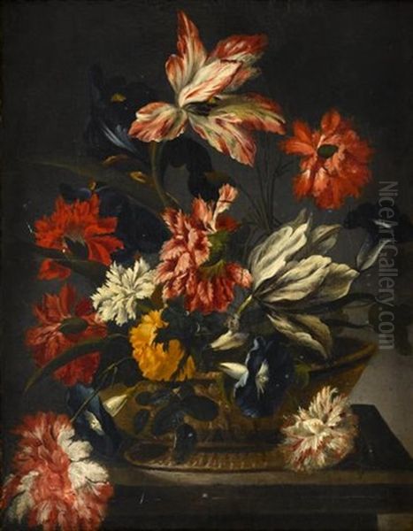 Still Life With Tulips, Peonies, And Convolvulus In A Classically Decorated Bowl Upon A Ledge Oil Painting by Jan-Baptiste Bosschaert