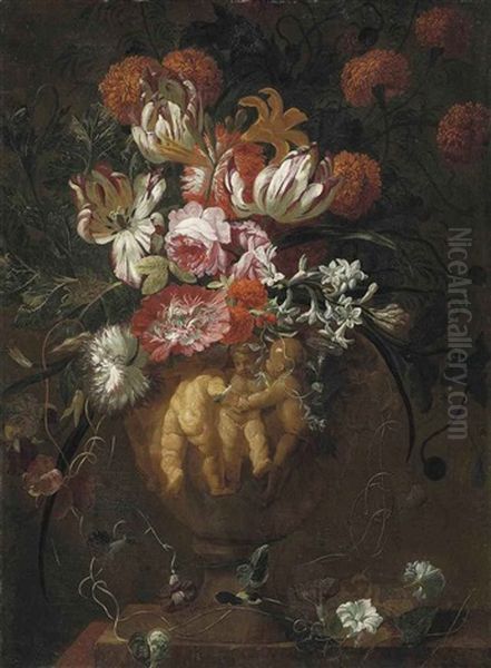 Roses, Tulips And Other Flowers In A Sculpted Urn With Putti In Relief, On A Ledge Oil Painting by Jan-Baptiste Bosschaert