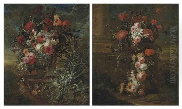 Roses, A Sunflower, Carnations, Chrysanthemums, A Tulip And Other Flowers In A Sculpted Stone Urn, On A Ledge, With A Thistle... (+ Roses, Lilies...; Pair) Oil Painting by Jan-Baptiste Bosschaert