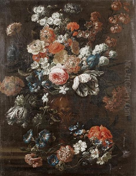 A Still Life Of Roses, Tulips, Convolvulus And Other Flowers In A Moulded Bronze Vase On A Stone Ledge Oil Painting by Jan-Baptiste Bosschaert