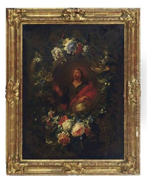 The Virgin Annunciate In A Carved Niche With A Floral Garland (+ Christ As Salvator Mundi In A Carved Niche With A Floral Garland; 2 Works) Oil Painting by Jan-Baptiste Bosschaert