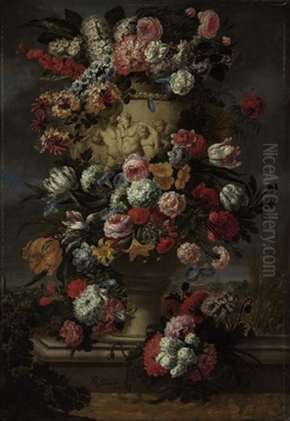 Flowers In A Sculpted Urn In A Landscape Oil Painting by Jan-Baptiste Bosschaert