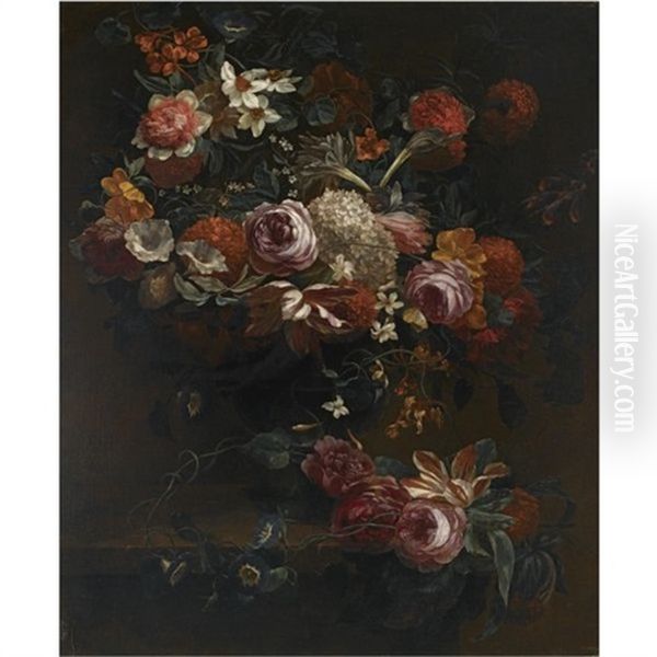 A Still Life Of Roses, Morning Glory, Daffodils, Hydrangeas And Other Flowers In Stone Vase On A Stone Ledge Oil Painting by Jan-Baptiste Bosschaert