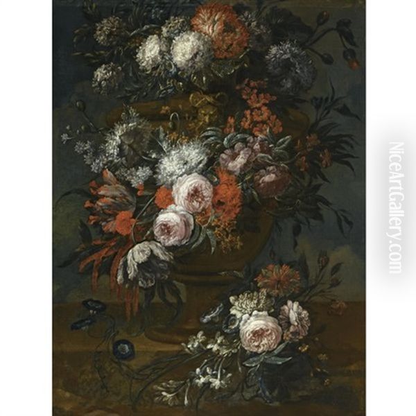 Still Life Of Morning Glory, Roses, A Parrot Tulip, Chrysanthemums And Other Flowers In Stone Vase, On A Stone Ledge Oil Painting by Jan-Baptiste Bosschaert