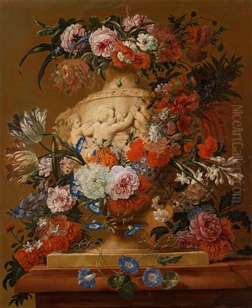 Blumenstillleben In Skulptierten Steinvasen (pair) Oil Painting by Jan-Baptiste Bosschaert