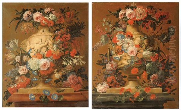 Natures Mortes Aux Fleurs Sur Un Entablement Avec Vases Et Amours En Grisaille (pair) Oil Painting by Jan-Baptiste Bosschaert