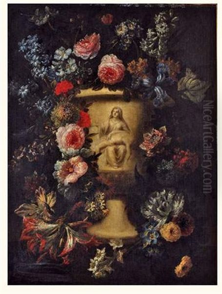 Vase De Fleurs Decore D'une Pieta Oil Painting by Jan-Baptiste Bosschaert