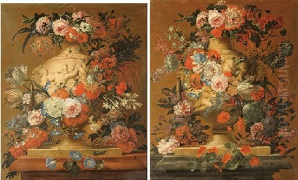 Natures Mortes Aux Fleurs Sur Un Entablement Avec Vases Et Amours En Grisaille (pair) Oil Painting by Jan-Baptiste Bosschaert