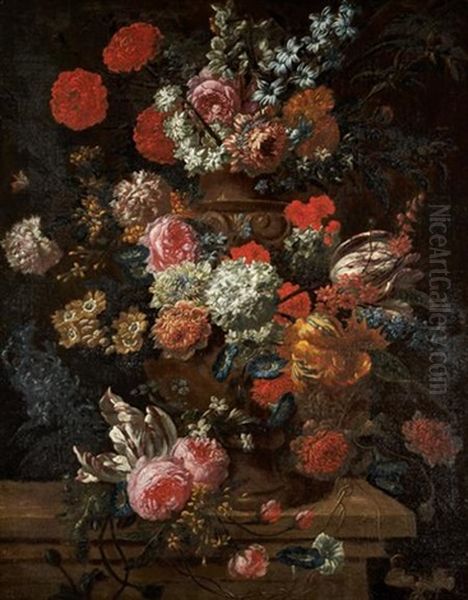 Still Life With Tulips, Roses, Carnations And Other Flowers In An Urn Oil Painting by Jan-Baptiste Bosschaert