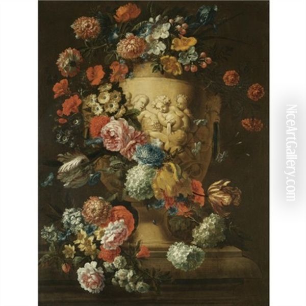 A Still Life With A Sculpted Urn Depicting Carousing Putti, Decorated With A Garland Of Flowers Oil Painting by Jan-Baptiste Bosschaert