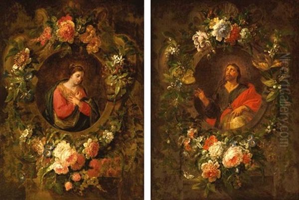 The Virgin Annunciate (+ Christ As Salvator Mundi; Pair) Oil Painting by Jan-Baptiste Bosschaert