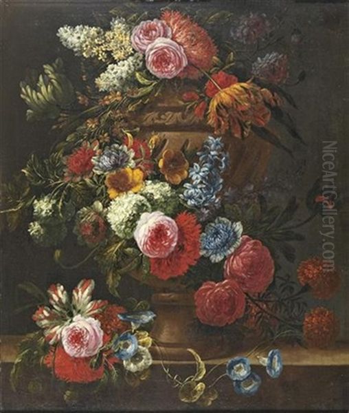 Un Bouquet De Fleur Dans Une Urne Posee Sur Un Entablement Oil Painting by Jan-Baptiste Bosschaert