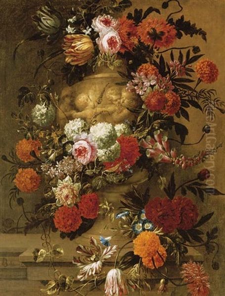 Flowers In A Terracotta Vase On A Stone Ledge Oil Painting by Jan-Baptiste Bosschaert