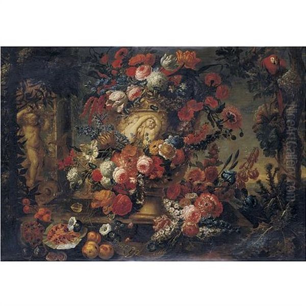 Still Life Of Flowers In A Sculpted Vase Resting On A Stone Ledge With Fruit, A Parrot And A Fountain With A Putto And Dolphin, In A Landscape Oil Painting by Jan-Baptiste Bosschaert