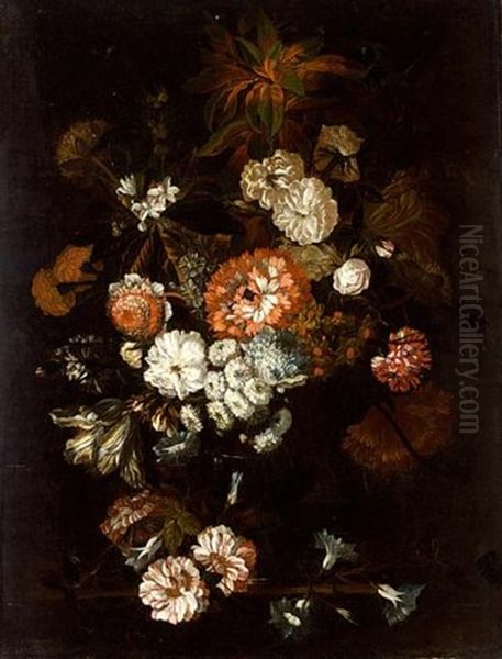 A Still Life Of Roses, Carnations, Anemonies And Other Flowers, All In A Vase On A Wooden Ledge Oil Painting by Jan-Baptiste Bosschaert