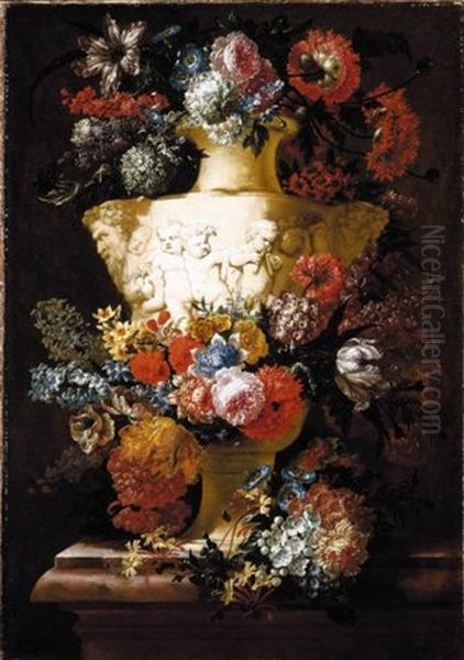 Still Life Of Flowers With A Garland Draped Around An Urn Sculpted With Putti Oil Painting by Jan-Baptiste Bosschaert