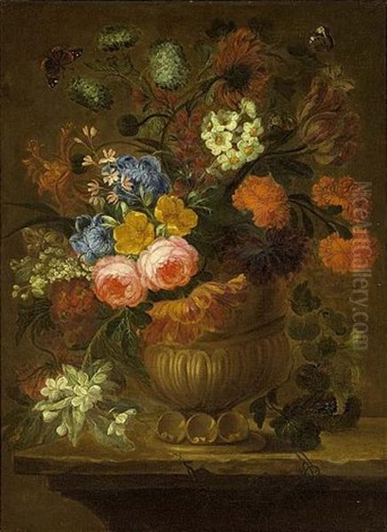 A Still Life With Cabbage Roses, Peonies, An Opium Poppy, Tulips, Snow Balls, Marigold And Other Flowers In A Sculpted Vase On A Wooden Table, Together With Butterflies Oil Painting by Jan-Baptiste Bosschaert