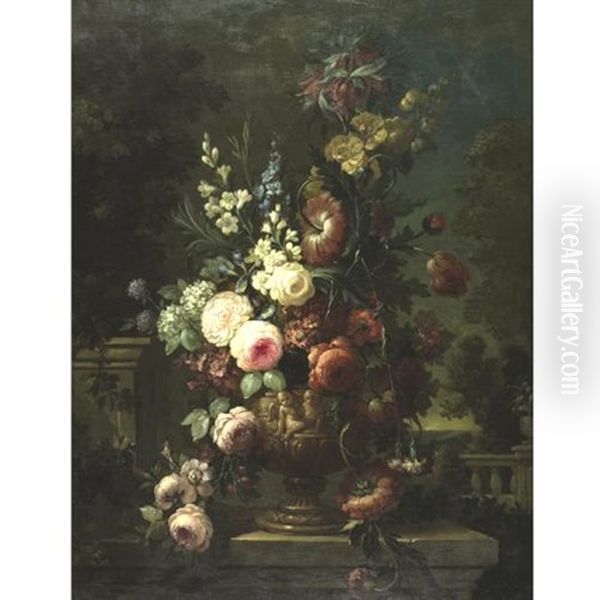 Still Life Of Flowers In An Elaborate Urn On A Marble Ledge Oil Painting by Jan-Baptiste Bosschaert