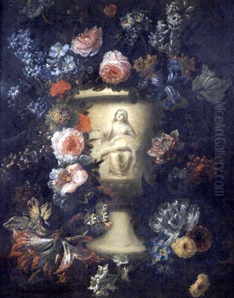 Guirlande De Fleurs Entourant Un Vase Decore D'une Pieta Oil Painting by Jan-Baptiste Bosschaert