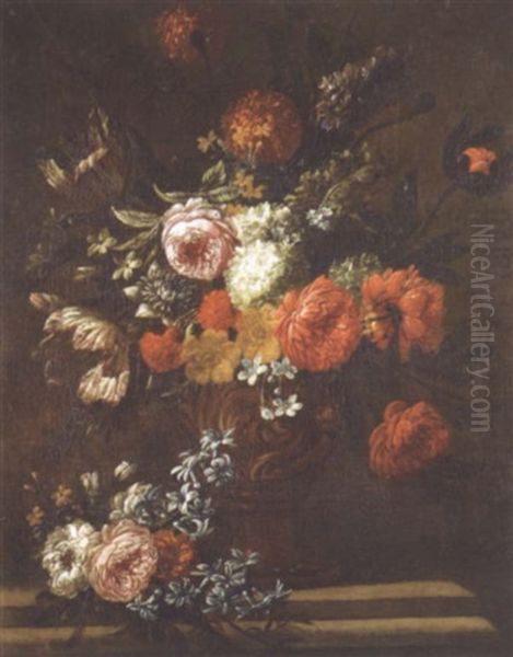 Tulipes, Roses, Pivoines, Boules De Neige, Oeillet D'inde...dans Un Vase Pose Sur Un Entablement De Pierre Oil Painting by Jan-Baptiste Bosschaert