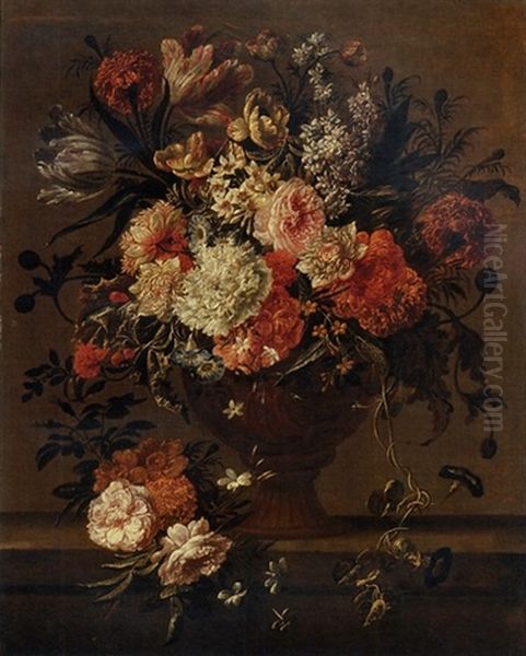 Tulips, Roses, Morning Glory And Other Flowers In A Sculpted Vase On A Stone Ledge Oil Painting by Jan-Baptiste Bosschaert