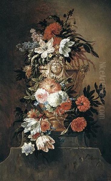 A Still Life Of Tulips, Chrysanthemums, Roses, Poppies And Stocks In A Sculpted Stone Urn Upon A Plinth Oil Painting by Jan-Baptiste Bosschaert