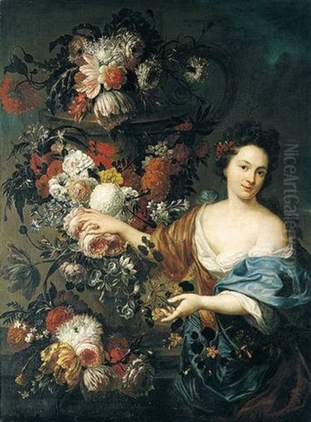 A Still Life Of Roses, Hyacinths, Tulips, Morning Glory And Chrysanthemums Adorning A Stone Urn And Ledge, Together With A Young Woman Oil Painting by Jan-Baptiste Bosschaert