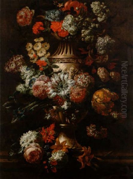 Tulips, Roses, Carnation, Irises, Morning Glory And Other Flowers Decorating A Sculpted Urn On A Ledge Oil Painting by Jan-Baptiste Bosschaert