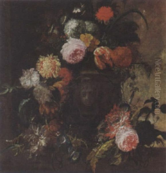 A Still Life With Roses, Tulips And Other Flowers In A Vase, All On A Marble Ledge Oil Painting by Jan-Baptiste Bosschaert