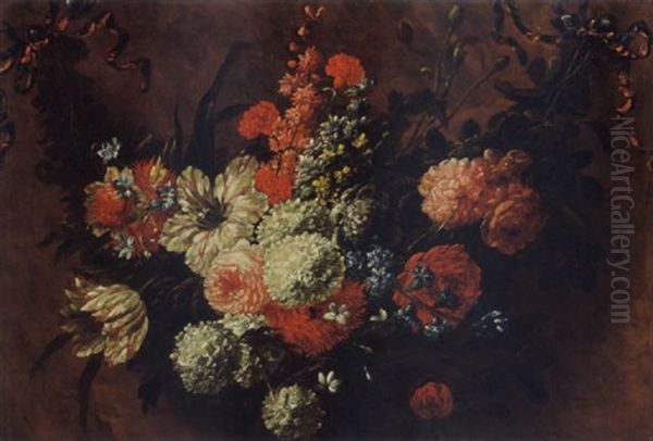 A Garland With Tulips, Roses, Snowballs, Hyancinths, Poppy Anemones, Buttercups And Other Flowers Tied With A Ribbon Oil Painting by Jan-Baptiste Bosschaert