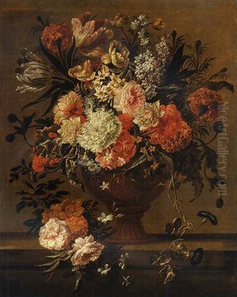 Tulips, Roses, Morning Glory And Other Flowers In A Sculpted Vase Oil Painting by Jan-Baptiste Bosschaert