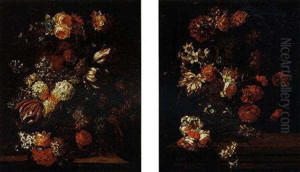 Bouquets De Fleurs Dans Des Vases Sculptes Sur Un Entablement Oil Painting by Jan-Baptiste Bosschaert