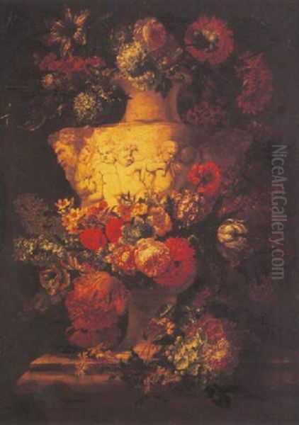 Roses, Tulips, Carnations, Peonies, Morning Glory And Other Flowers Decorating A Sculped Urn On A Ledge Oil Painting by Jan-Baptiste Bosschaert