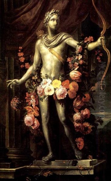 A Statue Of Apollo Decorated With Garland Of Flowers And Holding A Bow by Jan-Baptiste Bosschaert