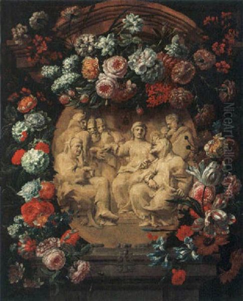 A Flower Garland Surrounding A Stone Cartouche Representing Christ And The Scribes Oil Painting by Jan-Baptiste Bosschaert